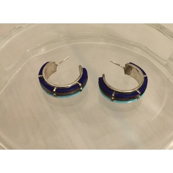 Vintage Navajo Inlay Turquoise/Lapis/Onyx Sterling Silver 3/4 Hoop Post Earrings - Picture 5 of 6